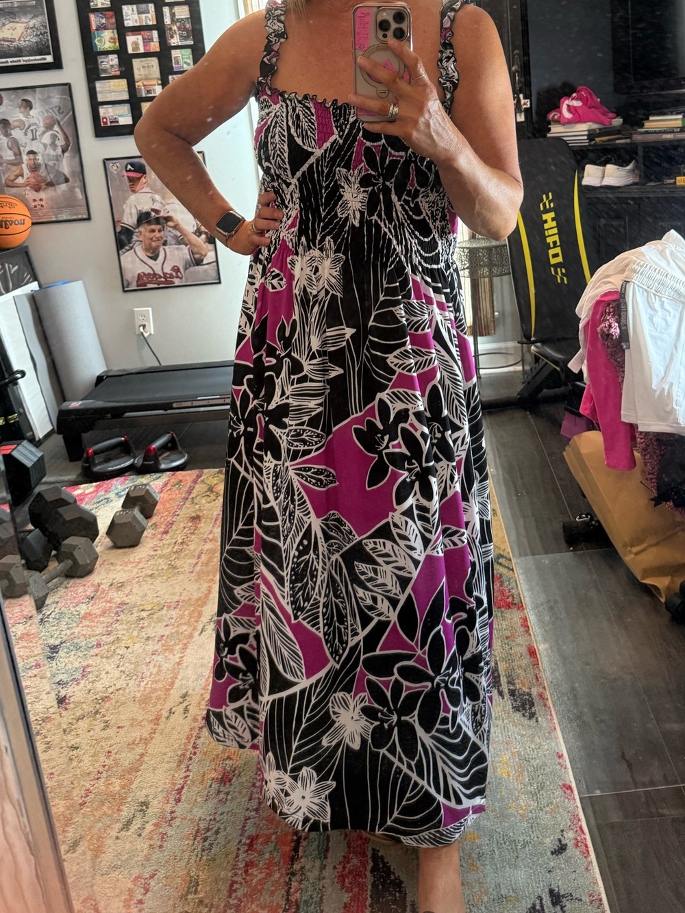 R&K Black and Fuchsia Floral Smocked Sundress NWOT